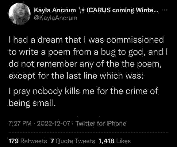 A screenshot of a tweet from @KaylaAncrum, dated 2022-12-07. It reads: I had a dream that I was commissioned to write a poem from a bug to god, and I do not remember any of the poem, except for the last line which was: I pray nobody kills me for the crime of being small.